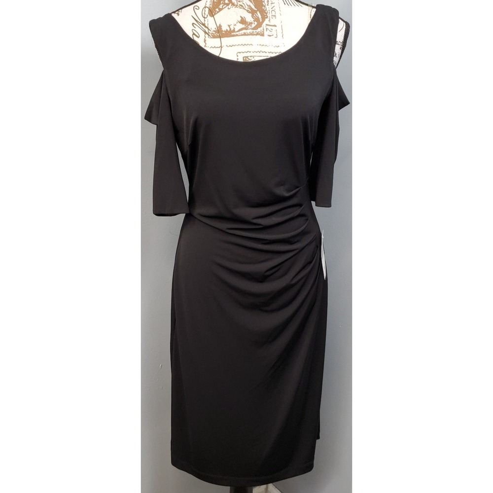 Connected Apparel Cocktail Party Dress Womens 8 Black Cold Shoulder Side Ruched